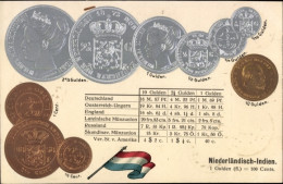 Gaufré CPA Niederländisch-Indien, Münzen, Flagge, Gulden, Cents - Monnaies (représentations)