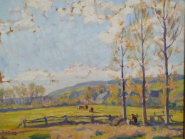 Tableau Paysage De Campagne Vaches Dans Le Pré Signé Roger Laisné 1940. Normandie - Olieverf