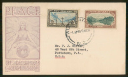 1946 F.D.C. PEACE THE PEARL OF GREAT PRICE AUCKLAND Cover To USA With Chaptel Window On Alps + Matheson Lake Stps - FDC