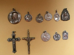 9 Médailles Religieuses  Argentées +2 Croix - Pendentifs