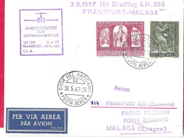 GERMANY - ERSTFLUG LUFTHANSA LH 358 FROM FRANKFURT TO MALAGA *3.6.67* -  ON CARD MAILED FROM VATICANO - Premiers Vols