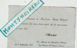 VP : Faire Part  Naissance , La Pleine  Saint  Denis , 1951, Famille Wuest - Naissance & Baptême