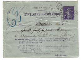 PARIS 32 Tribunal Commerce Enveloppe Pneumatique 30c Semeuse Yv EPP3 Dest Paris 63 Ob 1911 - Rohrpost