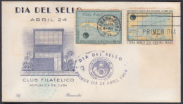 FDC CUBA 1958. DÍA DEL SELLO. EDIFIL 742/43. MAPS. CACHÉ LILY Y LOS DOS GOMÍGRAFOS - FDC