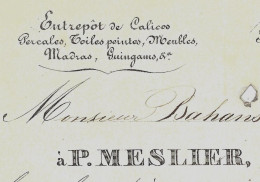 1832 ENTETE FACTURE Paris P. Meslier  Calicos Percales Toiles Peintes Madras Pour Bahan Ainé à Bordeaux V.SCANS - 1800 – 1899