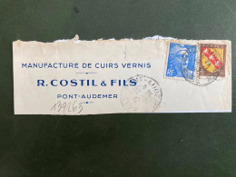 NDE GANZONIFRAGMENT TP M DE GANDON 4F50 + ALSACE 50c OBL.19-7 47 PONT-AUDEMER EURE (27) R COSTIL & FILS CUIRS VERNIS - Other & Unclassified