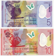 SAN TOME - SAO TOME AND PRINCIPE - ST. THOMAS 5 + 10 DOBRAS SET PICK 70-71 POLYMER BUTTERFLY BIRD SHREW 2016 UNC - São Tomé U. Príncipe