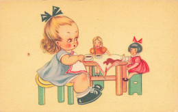 ENFANTS - Dessins D'enfants - Petite Fille Prenant Le Thé Avec Ses Poupées - Carte Postale Ancienne - Dibujos De Niños