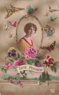 FANTAISIE - Femme - Une Pensée - Papillons - Colorisé - Carte Postale Ancienne - Frauen