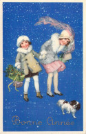 Fêtes-Vœux - Bonne Année - Jeune Filles - Chien - Carte Postale Ancienne - Nouvel An