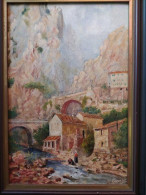 Tableau ROBERT FREMONT Peintre Normand Paysage Pont Saint-Louis Menton Lavandières. - Olii