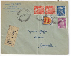 NEGREPELISSE Tarn-Garonne Lettre Recommandée Gandon 12F Orange 15F Bleu 10F Violet 1F Bearn Yv 885 886 811 901 Ob 1952 - Storia Postale