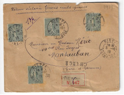 DIEPPE Lettre Chargée 300 F 15 C Semeuse Lignée Yv 130 X 4 Ob 3 0 1919 13 G - 1877-1920: Période Semi Moderne