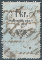 AUSTRIA-L'AUTRICHE-ÖSTERREICH,Revenue Stamp Tax Fiscal,Ankündigungs-Stempel-Announcement Stamp,1Kr.Used,Very Rare! - Steuermarken