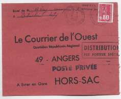 FRANCE BEQUET 80C SEUL 49 ETRICHE 6.11.1974 MAINE ET LOIRE LETTRE HORS SAC + PAR PORTEUR + GREVE PTT 1974 - Dokumente