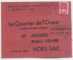 FRANCE BEQUET 80C SEUL 49 ETRICHE 6.11.1974 MAINE ET LOIRE LETTRE HORS SAC + PAR PORTEUR + GREVE PTT 1974 - Documentos
