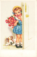 Enfants - Un Enfant Derrière Une Porte Avec Un Bouquet De Fleurs Et Son Chien -   Carte Postale Ancienne - Kinder-Zeichnungen