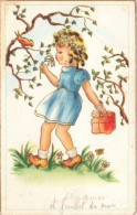 Enfants - Petite Fille Tenant Un Paquet - Marguerite - Oiseau -  Carte Postale Ancienne - Kinder-Zeichnungen