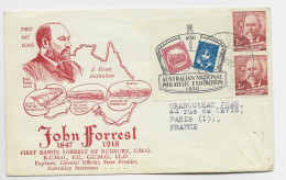 AUSTRALIA 2 1/2D PAIRE LETTRE COVER JOHN FORREST FIRST BARRON 1847 1918 FDC  MELBOURNE 1950 TO FRANCE - Cartas & Documentos