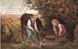 Enfants -  Deux Enfants Abreuvant Un âne Dans Une Rivière - Carte Postale Ancienne - Dibujos De Niños