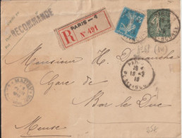 1919 - ENV. ENTIER POSTAL SEMEUSE RECOMANDEE Avec PERFORE "MA" De MAURY à PARIS - RARE ENSEMBLE - Lettres & Documents