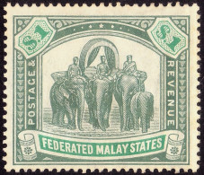 FEDERATED MALAY STATES FMS 1907 $1 Wmk.MCA Sc#34 MH--TONED Disturbed Gum @TE84 - Federated Malay States