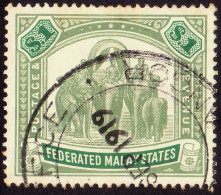 FEDERATED MALAY STATES FMS 1907 $1 Wmk.MCA Sc#34 -USED Fiscal Cancel @TE87 - Federated Malay States