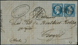 Lettre N°22b 20c Bleu, Paire Tête-bèche S/lettre Obl GC 3219 (Rouen) Pour Troyes Cachet D'arrivée Au Verso - TB - 1862 Napoléon III.