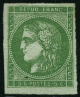 * N°42B 5c Vert-jaune, R2 Percé En Ligne  - TB - 1870 Bordeaux Printing