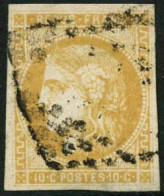 Obl. N°43Bc 10c Bistre-jaune Citron R2, RARE - TB - 1870 Emission De Bordeaux