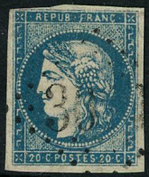 Obl. N°44B 20c Bleu, Type I R2 - TB - 1870 Bordeaux Printing