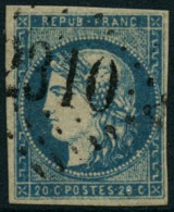 Obl. N°44B 20c Bleu, Type I R2 - TB - 1870 Bordeaux Printing