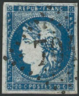 Obl. N°44Ba 20c Bleu Foncé, Type I R2 - TB - 1870 Emisión De Bordeaux