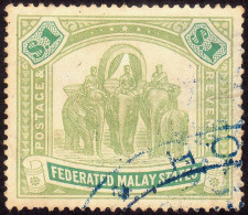 FEDERATED MALAY STATES FMS 1907 $1 Wmk.MCA Sc#34 -USED Fiscal Cancel - BACK THIN @TE30 - Federated Malay States