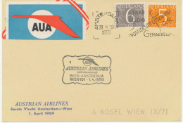 NIEDERLANDE 1.4.1959, AUA Erstflug „AMSTERDAM – WIEN“ M. Selt. AUA-Vignette - Luchtpost