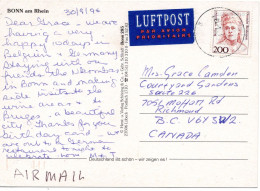 69700 - Bund - 1994 - 200Pfg V Suttner EF A LpAnsKte BONN -> Richmond, BC (Canada) - Briefe U. Dokumente