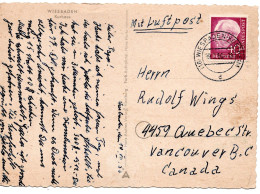 69704 - Bund - 1956 - 40Pfg Heuss I EF A LpAnsKte WIESBADEN -> Vancouver, BC (USA) - Briefe U. Dokumente