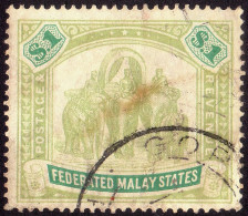 FEDERATED MALAY STATES FMS 1907 $1 Wmk.MCA Sc#34 -USED Partial GOPeng CDS @TE98 - Federated Malay States