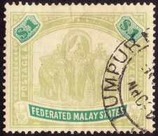 FEDERATED MALAY STATES FMS 1907 $1 Wmk.MCA Sc#34 -USED Partial Kuala LUMPUR CDS @TE100 - Federated Malay States