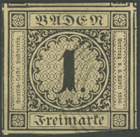 BADEN 1a O, 1851, 1 Kr. Schwarz Auf Sämisch, Zarter Nummernstempel, Unten Rechts An Einer Stelle Berührt Sonst Allseits  - Usati