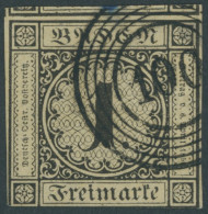 BADEN 1a O, 1851, 1 Kr. Schwarz Auf Sämisch, Nummernstempel 100, Unten Leicht Angeschnitten Sonst Voll-überrandig Pracht - Usati