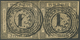 BADEN 1b Paar O, 1851, 1 Kr. Schwarz Auf Braun Im Waagerechten Paar Mit Nummernstempel 73 (KRAUTHEIM), Rechte Marke Unte - Oblitérés