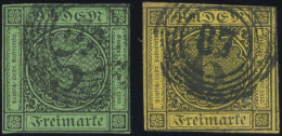 BADEN 6IV,7I O, 1853/4, 3 Kr. Schwarz Auf Grün Und 6 Kr. Schwarz Auf Gelb, 2 Werte Mit Plattenfehlern, Feinst, Mi. 300.- - Used