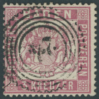 BADEN 16 O, 1862, 3 Kr. Rosakarmin, Nummernstempel 24, Pracht, Mi. 350.- - Usados