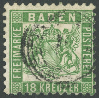 BADEN 21a O, 1862, 18 Kr. Grün, Einriss Links Geschlossen, Feinst, Kurzbefund Stegmüller, Mi. 700.- - Andere & Zonder Classificatie