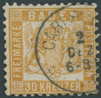 BADEN 22a O, 1862, 30 Kr. Lebhaftgelborange, K1 CARLSRUHE, Repariert Wie Pracht, Gepr. Bühler, Mi. (3200.-) - Usati