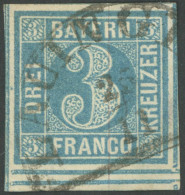 BAYERN 2IaIII O, 1849, 3 Kr. Blau, Type I, Unten Mit Dicken Doppelten Trennungslinien, Segmentstempel LAUINGEN, Allseits - Afgestempeld
