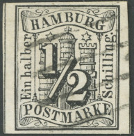 HAMBURG 1 O, 1859, 1/2 S. Schwarz, Breitrandig, Pracht, Fotoattest Pfenninger/Brettl/Schmitt, Mi. 750.- - Hambourg