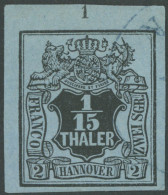 HANNOVER 4 O, 1851, 1/15 Th. Schwarz Auf Graublau, Oberer Rechte Bogenecke Mit Reihenzähler 1, Pracht, Gepr. Berger - Hannover