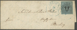 HANNOVER 4 BRIEF, 1854, 1/15 Th. Schwarz Auf Graublau, Breitrandiges Prachtstück Mit Blauem K2 DISSEN Auf Kleinem Brief  - Hanovre